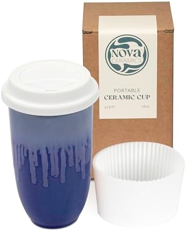 NOVA CERAMICS Ceramic Tumbler– Blue Ceramic Mug – Microwave & Dishwasher Safe Coffee White & Orange Tumbler - Leak-Proof Coffee Travel Mug – 16oz – Neptune