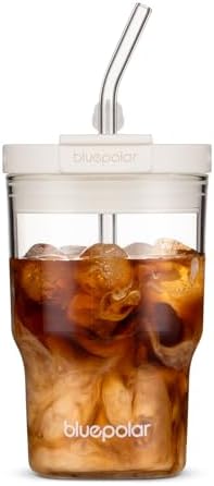 BLUEPOLAR 16oz/480ml Iced Coffee Cups With Lids And Straws,Reusable Leakproof Glass Tumbler,Water Bottles,Cold Brew,Drinking Jars For Juicing,Matcha,Tea,Smoothie For Travel,Office (Off-White)