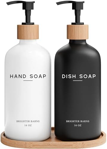 Luxury Glass Hand and Dish Soap Dispenser Set by Brighter Barns - Kitchen Soap Dispenser Set with Tray - Bamboo Pump Bottle for Kitchen Sink - Boho Home Decor, Modern Decor in Restaurant (Black/White)