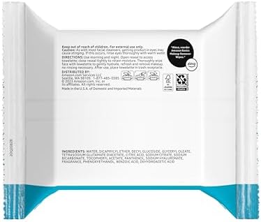 Amazon Basics Makeup Remover Wipes, Gentle Cleansing, Dermatologist Tested, Hydrating with Hyaluronic Acid, Plant-Based, Alcohol-Free, Removes Waterproof Mascara, No-Rinse Formula, 25 Count, 6-Pack