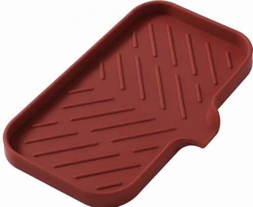 MicoYang Silicone Soap Dish with Drain Spout — Self-Draining Sink Organizer Tray for Bathroom & Kitchen, Sponges, Dispensers & Soap Holder, Non-Slip & Dishwasher Safe, Red (Medium, 9.6"×5.3")