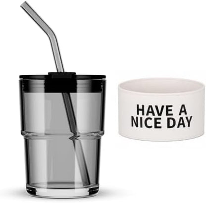 BLUEPOLAR 13oz/400ml Glass Water Tumbler with Straw and Lid Sealed Carry on Thick Wall Iced Coffee Cup for Water, Iced Tea, Fruit Juice (Have a Nice Day)