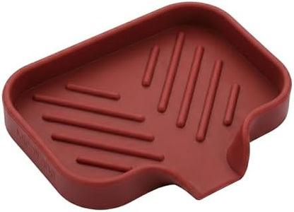 MicoYang Silicone Soap Dish with Drain Spout, Self-Draining Sink Organizer Tray for Bathroom and Kitchen, Sponges, Dispensers and Soap Holder, Non-Slip and Dishwasher Safe, Red (Compact, 4.9"×3.2")
