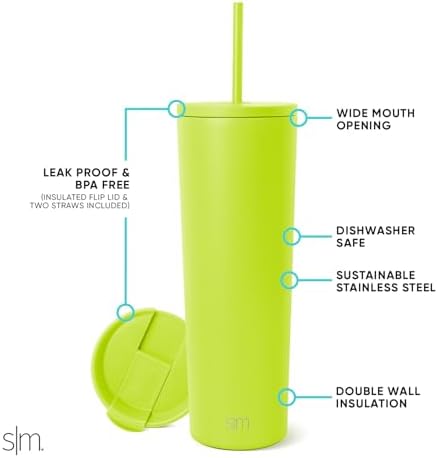 Simple Modern Insulated Tumbler with Lid and Straw | Iced Coffee Cup Reusable Stainless Steel Water Bottle Travel Mug | Gifts for Women Men Her Him | Classic Collection | 28oz | Green Apple