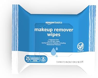 Amazon Basics Makeup Remover Wipes, Fragrance-Free, Alcohol-Free, Gentle Cleansing, Plant-Based, Dermatologist Tested, Removes Waterproof Mascara, Resealable, 25 Count, 1-Pack