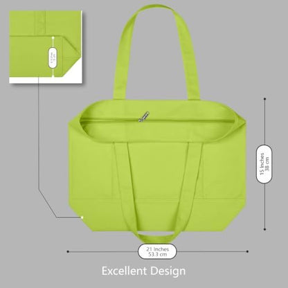 TOPDesign 1-Pack Canvas Tote Bag with an External Pocket, Reusable Grocery Shopping Bag, Top Zipper Closure, Daily Essentials (Light Green)