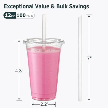 AOZITA [100 Sets 12 oz Clear Plastic Cups With Lids and Straws, Disposable Cups With Lids for Iced Coffee, Smoothie, Milkshake and Cold Drinks.