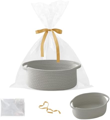 Woven Rope Basket - Baby Gift Basket with Bag & Ribbon, Grey