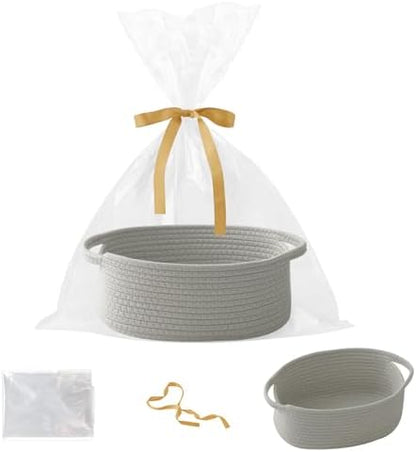 Woven Rope Basket - Baby Gift Basket with Bag & Ribbon, Grey