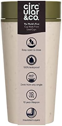 Circular and Co Reusable Coffee Cup 12oz/340ml - The World's First Travel Mug Made from Recycled Coffee Cups, 100% Leak-Proof, Sustainable & Insulated (Cream & Honest Green)