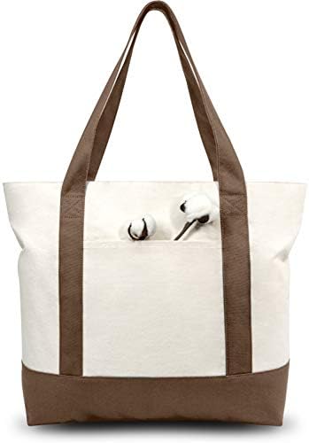 TOPDesign 6-Pack Canvas Tote Bags with an External Pocket, Reusable Grocery Shopping Bags, Top Zipper Closure, Daily Essentials (Brown/Natural)