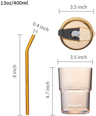 BLUEPOLAR 13oz/400ml Glass Water Tumbler with Straw and Lid Sealed Carry On Thick Wall Iced Coffee Cup Glass Cup for Water, Iced Tea Fruit Juice Etc (Amber)