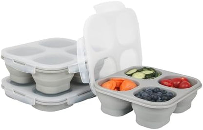 Collapsible Silicone Food Storage Container, 4-Compartment Snack Containers Portion Control with Clip-on Lid, Stackable, Space Saving, Microwave/Fridge/Freezer/Dishwasher Safe (3)