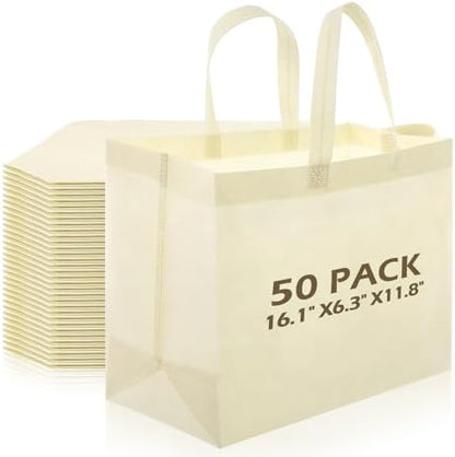 50 Pcs 50 Pcs Reusable Tote Bag with Handles Bulk 16.1'' X 6.3'' X 11.8'' Extra Large Non Woven Grocery Shopping Bags for Boutiques Retail Store(Beige)