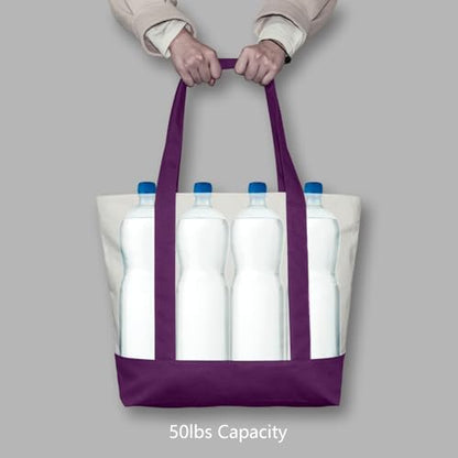 TOPDesign 6-Pack Canvas Tote Bags with an External Pocket, Reusable Grocery Shopping Bags, Top Zipper Closure, Daily Essentials (Purple/Natural)