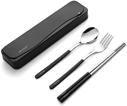 DEVICO Travel Utensils with Case, 4Pcs Portable Silverware Set for Work, 18/8 Stainless Steel Reusable Cutlery, Korean Spoon and Chopsticks Fork for Camping, School, Lunch Box Accessories (Black)