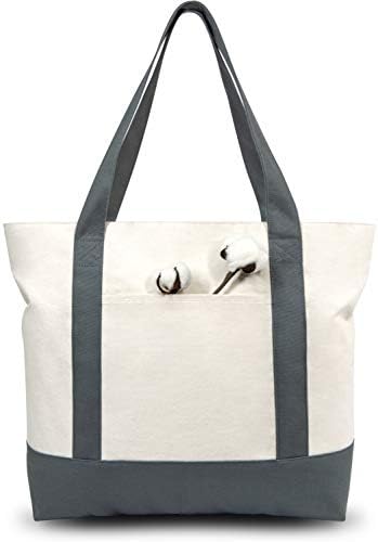 TOPDesign 6-Pack Canvas Tote Bags with an External Pocket, Reusable Grocery Shopping Bags, Top Zipper Closure, Daily Essentials (Grey/Natural)