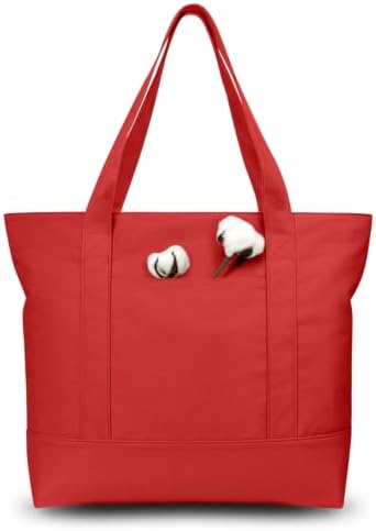 TOPDesign 1-Pack Canvas Tote Bags with an External Pocket, Reusable Grocery Shopping Bags, Top Zipper Closure, Daily Essentials (Red)