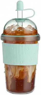 Reusable Ices Coffee Cups with Lids and Straws 17oz, Boba Cup with Straw,Tumbler with Silicone Sleeve for Cold Drinks, Iced Coffee, Bubble Tea ，light Blue