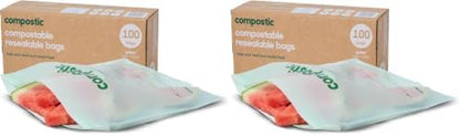 Compostic Compostable Gallon Bags (100 Count) Bulk Pack — Resealable Zip-Seal, Plant-Based, Home Compostable, Freezer Safe, BPA-Free, Non-Toxic, GMO-Free Food Storage Bags (Pack of 2)