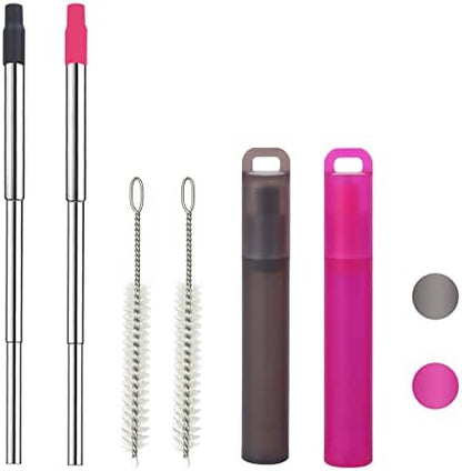 NAIVELY-Metal Reusable Straws, 2 Pack Collapsible Portable Stainless Steel Straws, with Plastic Housing Silicone Tips and Cleaning Brush, Retractable Portable Pocket Drinking Straws