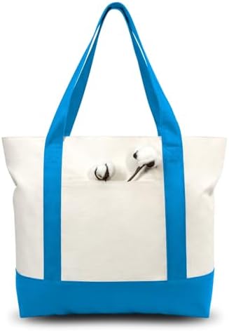 TOPDesign 1-Pack Canvas Tote Bag with an External Pocket, Reusable Grocery Shopping Bag, Top Zipper Closure, Daily Essentials (Ocean Blue/Natural)