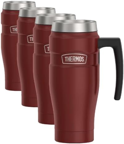 THERMOS Stainless King Vacuum-Insulated Travel Mug with Handle - 16oz, Rustic Red, Thermos Tumbler for Hot/Cold Drinks, Leak-Proof & Sweat-Proof Stainless Steel Coffee Mug with Lid (Pack of 4)