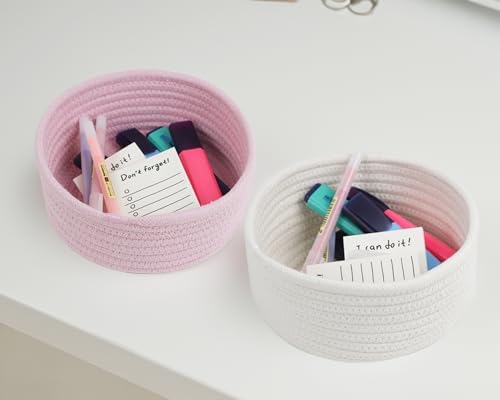 3 Pack Small Woven Cotton Rope Baskets for Organizing, White
