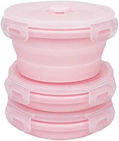 CCyanzi 3piece Round Collapsible Bowl with Lids, Silicone Food Storage Containers, Microwave & Freezer Safe, Space Saving for Kitchen Cabinet and Camping Backpack,(Pink)