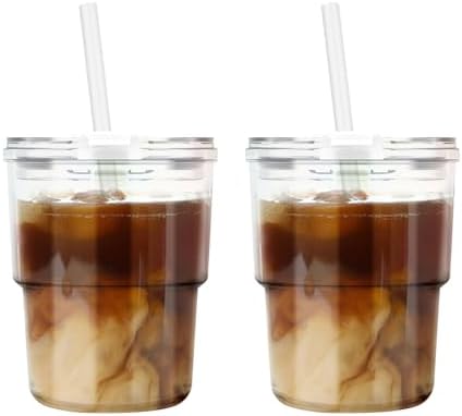 Luxfuel 13 oz Glass Cups with Lids and Straws Reusable Iced Coffee Tumbler