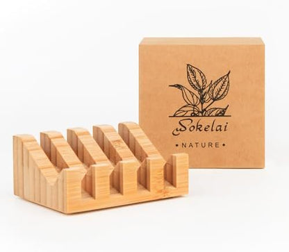 Shampoo Bar and Sponge Holders for Shower – Self-Draining Bamboo Soap Dish Tray, 2 Pack Wooden Soap Saver Racks for Conditioner Bars, Razor, Sink, Bathroom, Kitchen, or Travel