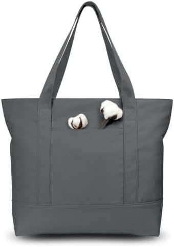 TOPDesign 6-Pack Canvas Tote Bags with an External Pocket, Reusable Grocery Shopping Bags, Top Zipper Closure, Daily Essentials (Grey)