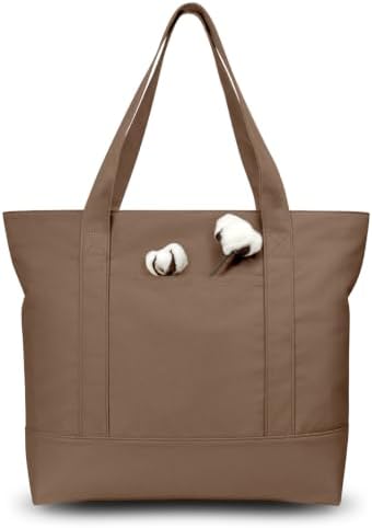 TOPDesign 1-Pack Canvas Tote Bag with an External Pocket, Reusable Grocery Shopping Bag, Top Zipper Closure, Daily Essentials (Brown)