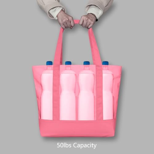 TOPDesign 6-Pack Canvas Tote Bags with an External Pocket, Reusable Grocery Shopping Bags, Top Zipper Closure, Daily Essentials (Rose Pink)