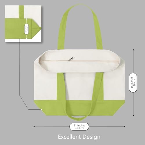 TOPDesign 1-Pack Canvas Tote Bag with an External Pocket, Reusable Grocery Shopping Bag, Top Zipper Closure, Daily Essentials (Light Green/Natural)