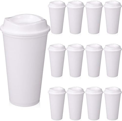 12 Pcs 16 Oz Reusable Coffee Cups with Lids - Plastic Travel Hot Cups Bulk Coffee Tumblers for DIY Hot Cold Drinks Party Favors Coworker (White)
