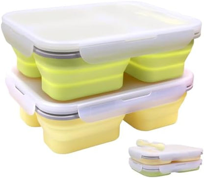 2 Pack Big Collapsible Silicone Bento Lunch Boxes With Lids spoons forks,3 Compartments, Divided Lunch Food Storage Containers, Safe in Microwave, Dishwasher and Freezer, 45.6oz (Yellow+Green)