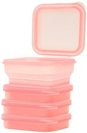 BYOB Collapsible Silicone Food Containers with Attached Lids – Reusable To-Go & Leftover Containers, Platinum Silicone, Leak-Resistant – 4 Pack (Pink)