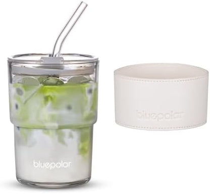 BLUEPOLAR 13oz/400ml Glass Water Tumbler with Straw and Lid Sealed Carry on Thick Wall Iced Coffee Cup for Water, Iced Tea, Fruit Juice (White with Protective Sleeve)