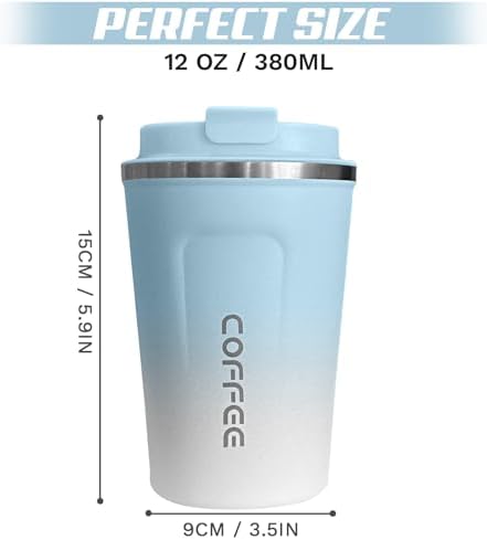 SPLMIFA Travel Coffee Mugs Leak-Proof, Reusable Coffee Cups with Lids, Stainless Steel Vacuum Insulated Coffee Tumblers, Thermal Insulation Cup for Men & Women Hot & Cold Drinks(2nd-Blue White, 12OZ)
