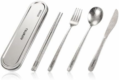 100% Pure Titanium Cutlery Set, Snowflake Pattern Titanium Tableware with 304 Stainless Steel Case & Silicone Holder, Ultralight Portable Utensils with Bonus Carry Bag for Camping