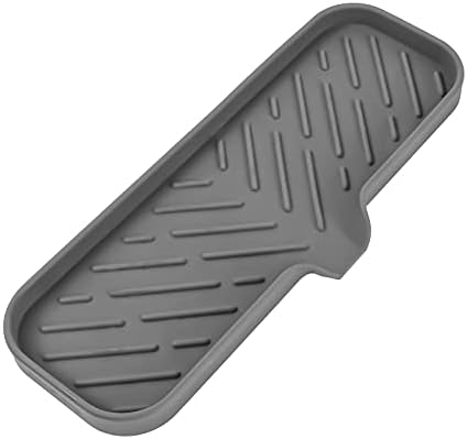 MicoYang Silicone Soap Dish with Drain Spout — Self-Draining Double Sink Organizer Tray for Kitchen & Bathroom, Dispensers, Sponges & Soap Holder, Non-Slip & Dishwasher Safe, Grey (Large, 12"×4")