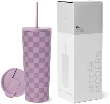 Simple Modern Insulated Tumbler with Lid and Straw | Iced Coffee Cup Reusable Stainless Steel Water Bottle Travel Mug | Gifts for Women Men Her Him | Classic Collection | 24oz | Lavender Checkmate