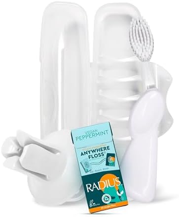 RADIUS Vacation Pastel Bundle, Includes Left Handed Big Brush with Replaceable Head, Toothbrush Travel Case, DOC Toothbrush Holder, Anywhere Travel Floss Packette, White, 4 Piece Bundle