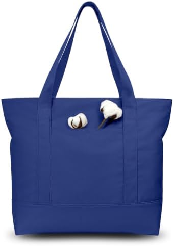 TOPDesign 30-Pack Canvas Tote Bags with an External Pocket, Reusable Grocery Shopping Bags, Top Zipper Closure, Daily Essentials (Blue)