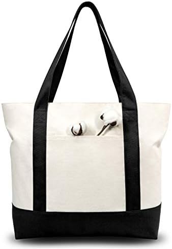 TOPDesign 6-Pack Canvas Tote Bags with an External Pocket, Reusable Grocery Shopping Bags, Top Zipper Closure, Daily Essentials (Black/Natural)