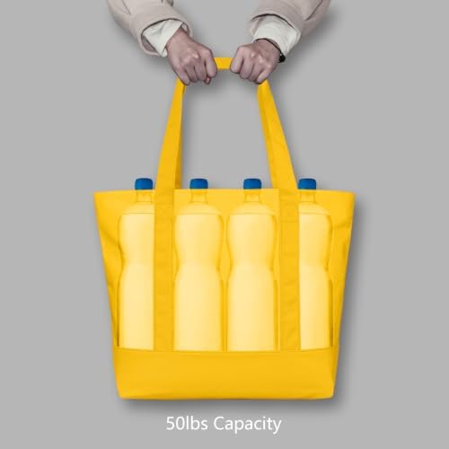 TOPDesign 6-Pack Canvas Tote Bags with an External Pocket, Reusable Grocery Shopping Bags, Top Zipper Closure, Daily Essentials (Yellow)