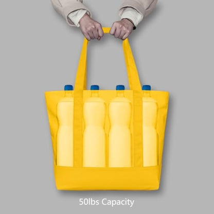TOPDesign 1-Pack Canvas Tote Bags with an External Pocket, Reusable Grocery Shopping Bags, Top Zipper Closure, Daily Essentials (Yellow)