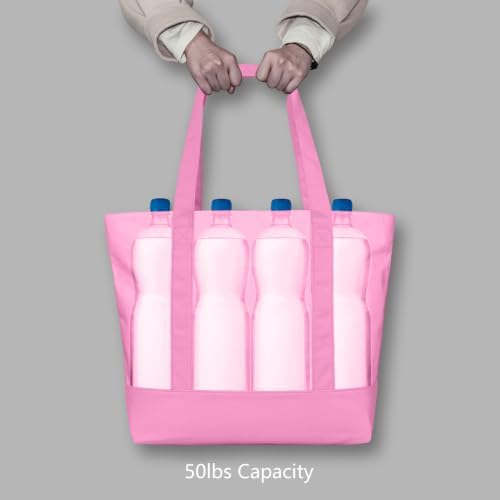 TOPDesign 6-Pack Canvas Tote Bags with an External Pocket, Reusable Grocery Shopping Bags, Top Zipper Closure, Daily Essentials (Pink)