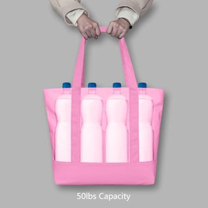TOPDesign 1-Pack Canvas Tote Bag with an External Pocket, Reusable Grocery Shopping Bag, Top Zipper Closure, Daily Essentials (Pink)